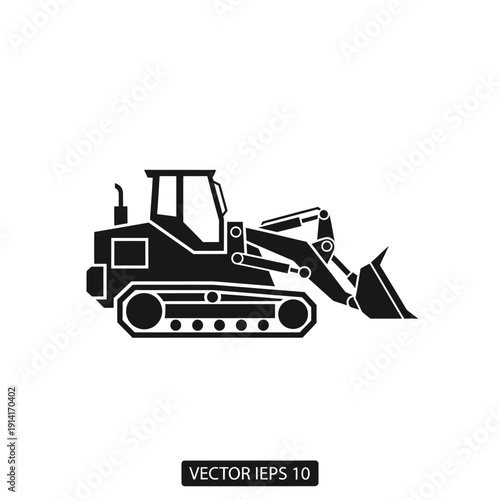 Black icon of a bulldozer with a front loader on a white background