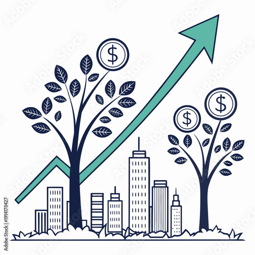 Growing money trees in cityscape with increasing graph