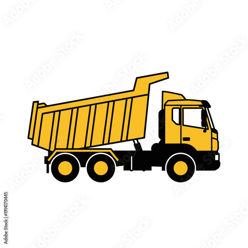 Yellow dump truck, construction vehicle, heavy machinery, side view, isolated on white background