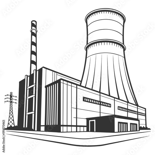 Nuclear power plant with cooling tower and smokestack 2