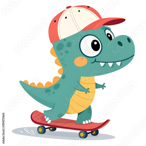 A fun and playful cartoon dinosaur wearing a trendy cap while skateboarding, conveying a sense of youthful energy and joy.
