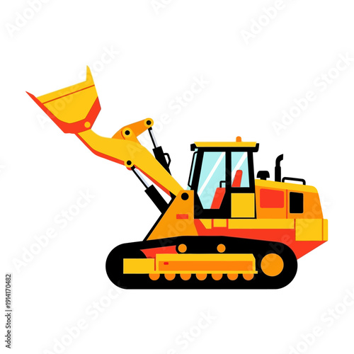 Yellow bulldozer with raised bucket on white background, construction vehicle illustration
