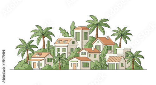 Tropical Village Scene with Palm Trees and Houses