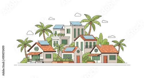 Eco-friendly housing complex with solar panels and palm trees, illustration