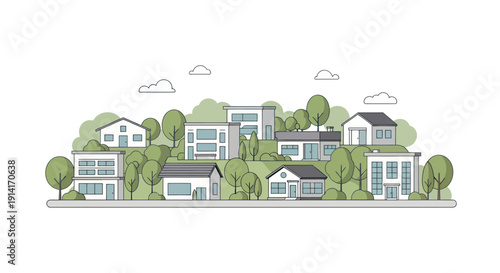 Modern Suburban Neighborhood With Diverse Houses and Green Trees