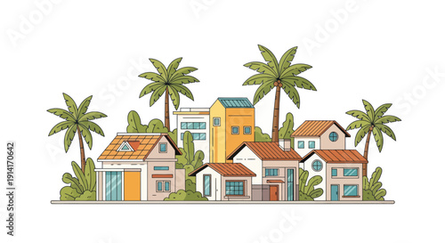 Vibrant Cartoon Houses with Palm Trees and Lush Greenery