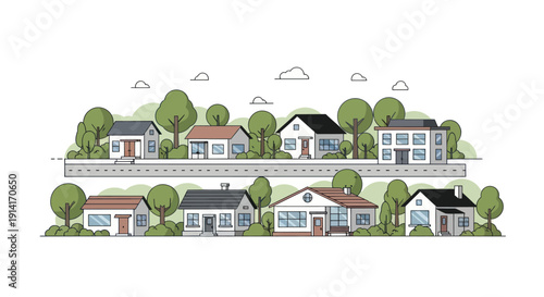 Suburban street with diverse houses and lush trees, graphic illustration