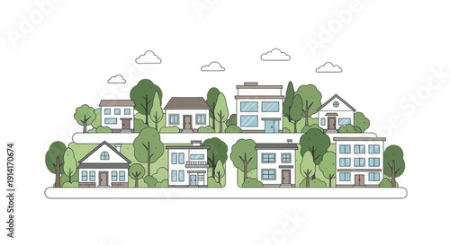 Diverse suburban neighborhood with modern and traditional houses and lush trees.