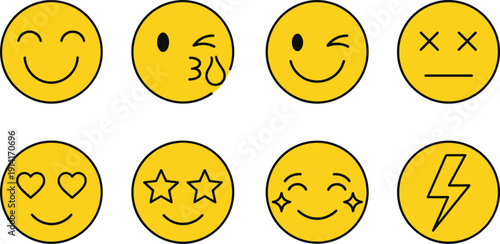 Yellow emoji face icon set with different emotions expressions reactions and symbols for messaging apps and user interface design