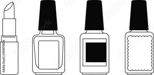 Cosmetics packaging icon set with lipstick and nail polish bottles in outline style for beauty and fashion design