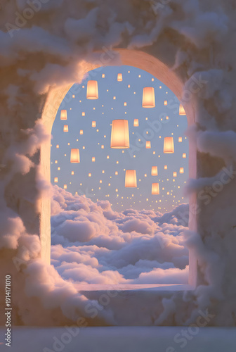 Dreamy portal opens to a sky filled with floating lanterns and clouds, evoking wonder and hope.