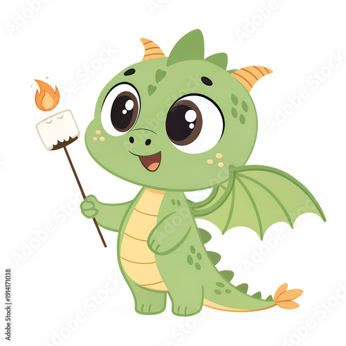 Delightful green dragon enjoying a sweet treat with a roasting marshmallow