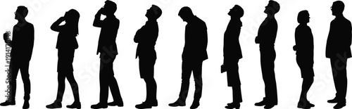 Business people silhouette lineup showing different thinking poses concept for decision making leadership teamwork career planning corporate strategy vector illustration