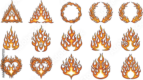 Large set of hand drawn vector fire flame icons in different shapes like heart circle and triangle isolated on white background for racing design.
