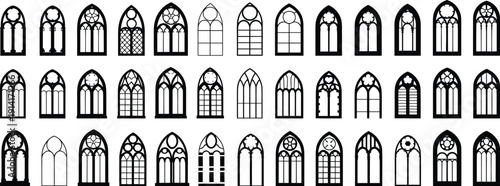 Collection of gothic arched window silhouettes showing ornate church architecture stained glass frames vintage cathedral designs vector illustration set for decorative use