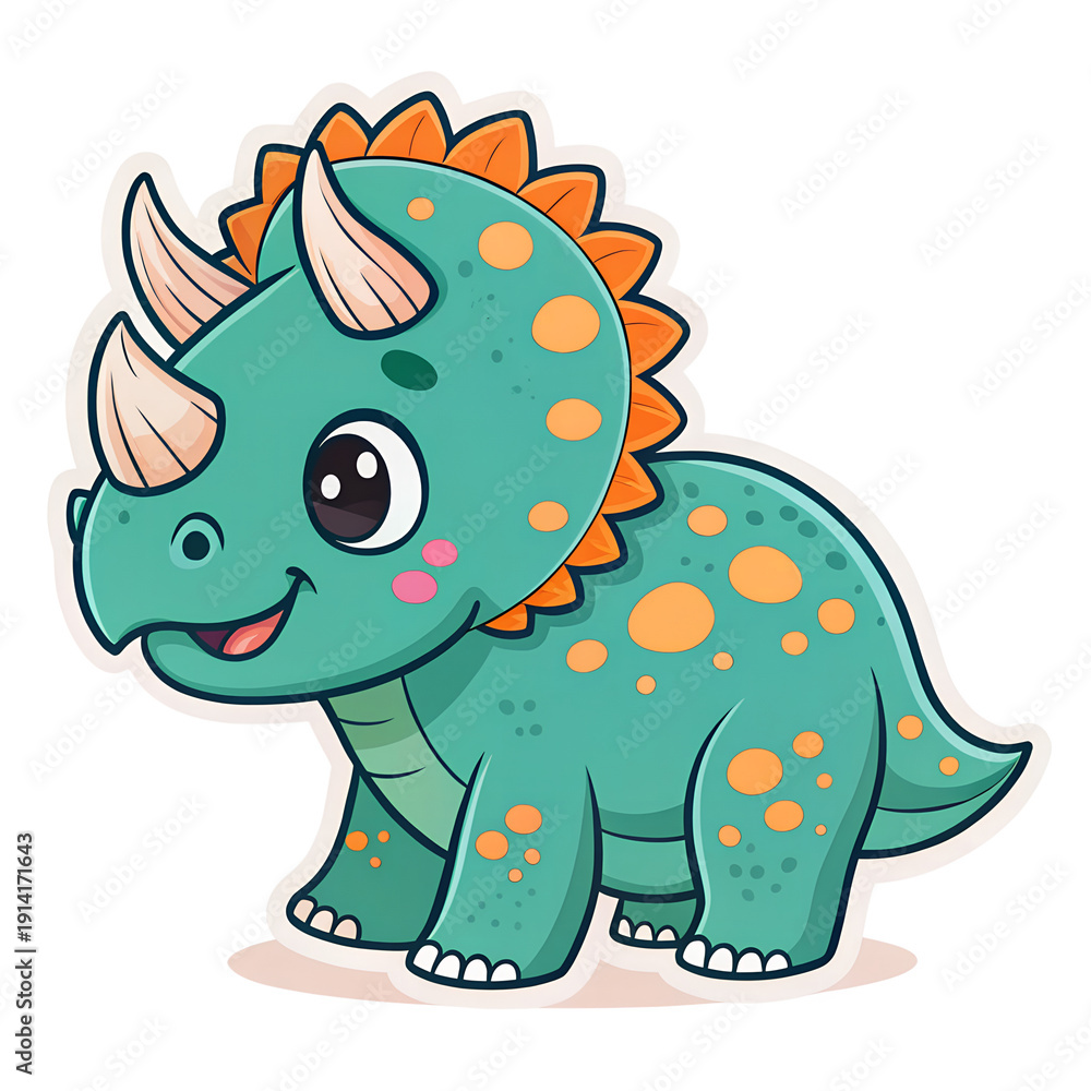 Fototapeta premium Adorable cartoon triceratops with vibrant orange spikes and spots, perfect for kids' projects, educational materials, or fun illustrations