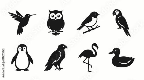 Bird Species Vector Icon Set Featuring Hummingbird, Owl, Magpie, Parrot, Penguin, Raven, Flamingo, and Duck for Wildlife, Education, and Graphic Design Use