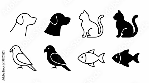 Pet Silhouette Vector Icon Set Featuring Dog, Cat, Bird, and Fish in Outline and Solid Styles for Design, Branding, and Educational Illustration Use
