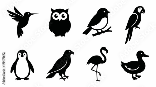 Bird Species Vector Icon Set Featuring Hummingbird, Owl, Magpie, Parrot, Penguin, Raven, Flamingo, and Duck for Wildlife, Education, and Graphic Design Use