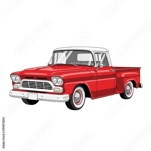 Vintage red pickup truck illustration, classic 1950s american vehicle with white roof, retro automotive design on white background, isolated png clipart