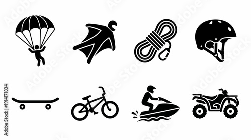 Extreme Sports Vector Icon Set Featuring Parachuting, Wingsuit, Rope, Helmet, Skateboard, Bicycle, Jet Ski, and ATV for Adventure, Outdoor, and Graphic Design Use