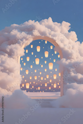 Dreamy gateway opens to a sky filled with glowing lanterns and soft clouds.