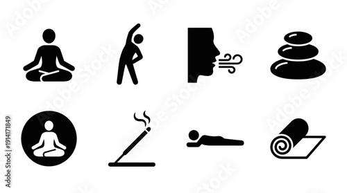 Yoga and Meditation Vector Icon Set Featuring Poses, Breathing, Stones, Incense, Relaxation, and Mat for Wellness, Mindfulness, and Graphic Design Use