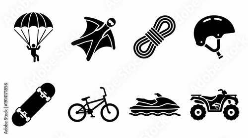 Extreme Sports Vector Icon Set Featuring Parachuting, Wingsuit, Rope, Helmet, Skateboard, Bicycle, Jet Ski, and ATV for Adventure, Outdoor, and Graphic Design Use