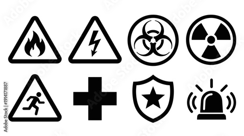 Safety and Hazard Vector Icon Set Featuring Flammable, Electrical, Biohazard, Radiation, Exit, Medical Cross, Shield, and Emergency Siren for Workplace and Graphic Design Use