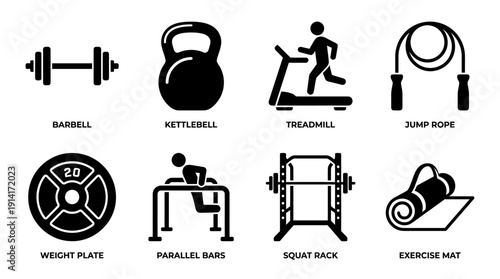 Gym and Fitness Vector Icon Set Featuring Barbell, Kettlebell, Treadmill, Jump Rope, Weight Plate, Parallel Bars, Squat Rack, and Mat for Training and Graphic Design Use