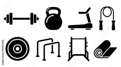 Gym and Fitness Vector Icon Set Featuring Barbell, Kettlebell, Treadmill, Jump Rope, Weight Plate, Parallel Bars, Squat Rack, and Mat for Training and Graphic Design Use