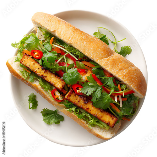 Tofu Banh Mi On White Plate, Thai Dish, top view on white background