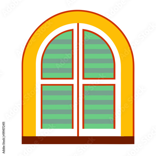 Illustration of a yellow arched window with green shutters
