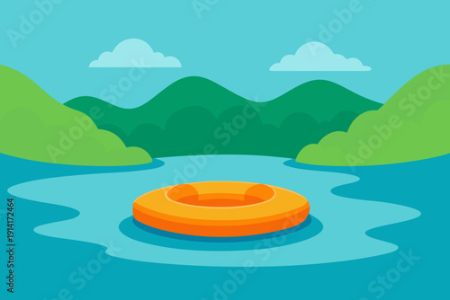 A serene lake scene with a vibrant orange inflatable ring