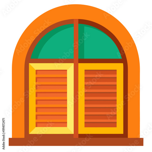 Illustration of a closed arched window with shutters