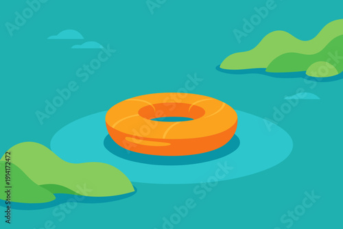 An orange inflatable life preserver floating on a serene body of water