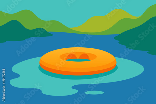 A serene lake scene with a vibrant orange inflatable raft