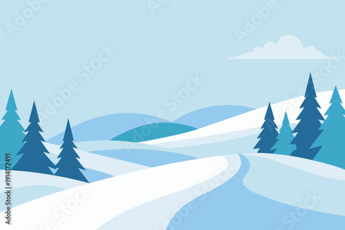 Serene winter landscape with snow covered hills and pine trees