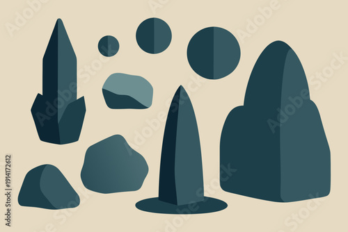 Collection of abstract dark teal geometric rocks and stones