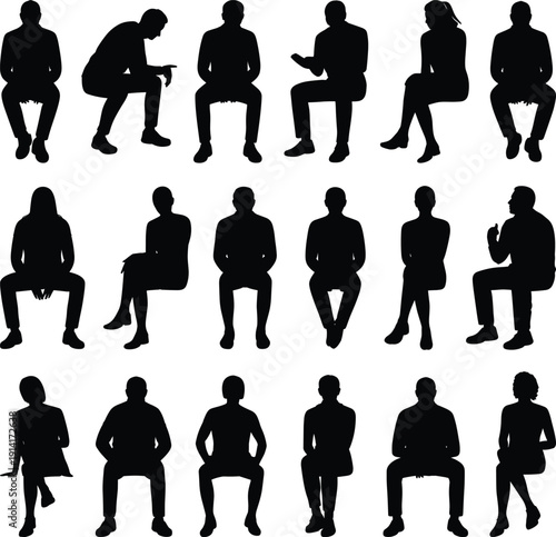 Seated people silhouette collection showing diverse sitting poses for interviews waiting communication psychology human behavior concept vector illustration set