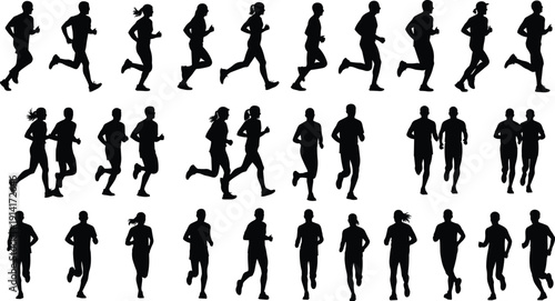 Set of Many Runner Silhouettes in Different Poses, Vector Illustration of People Running, Jogging, Sprinting, and Racing Isolated on White Background for Sports Design