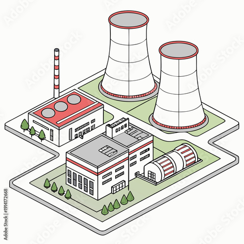 Nuclear power plant with cooling towers and buildings