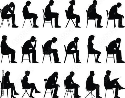 Seated people silhouette set showing depression stress anxiety waiting thinking emotions mental health concept collection vector illustration social psychology behavior sadness loneliness