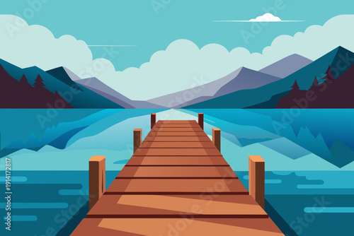 Serene lake scene with wooden dock and majestic mountains