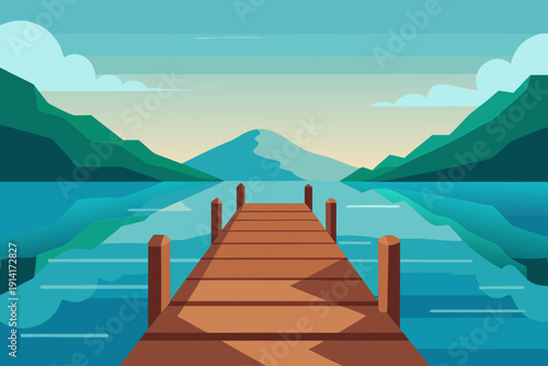 Serene lake scene with wooden dock and majestic mountains
