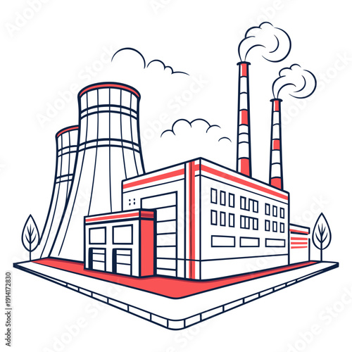 Industrial factory with cooling towers and smokestacks