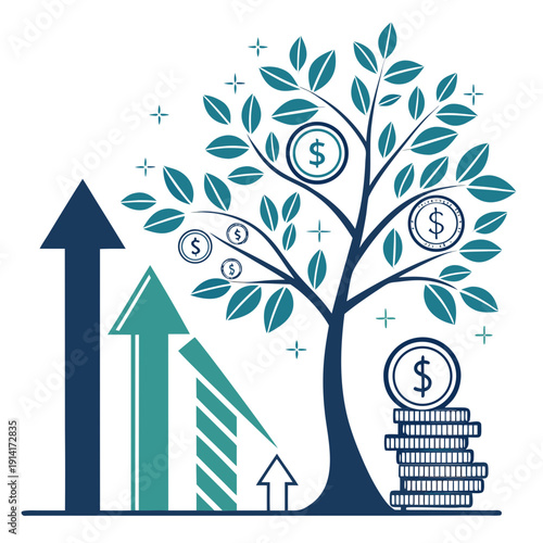 Blue tree with dollar coins and growing graph arrows