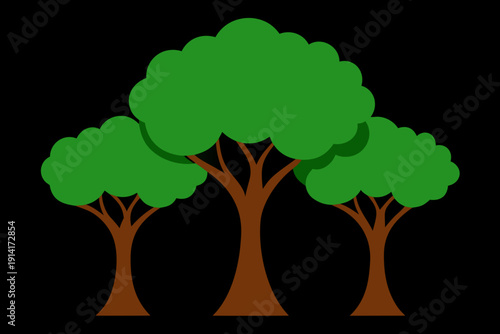Three cartoon trees with green leaves on a black background