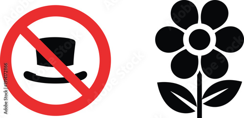 Prohibition sign and flower icon set with no hat symbol and floral silhouette for signage and graphic design