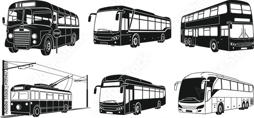 Bus silhouette vector set, black white clipart of school city double-decker trolley coach passenger transport, vehicle illustration artwork bundle